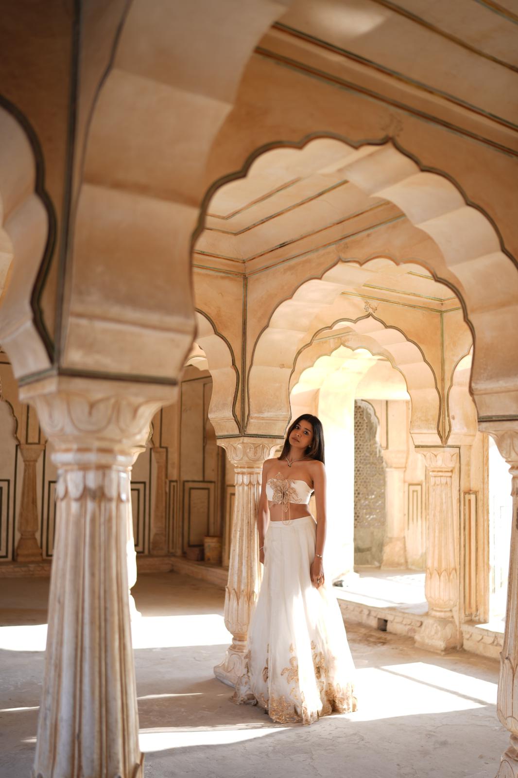 KHUSHI JAIN in Shell White Floral Motifs Lehenga