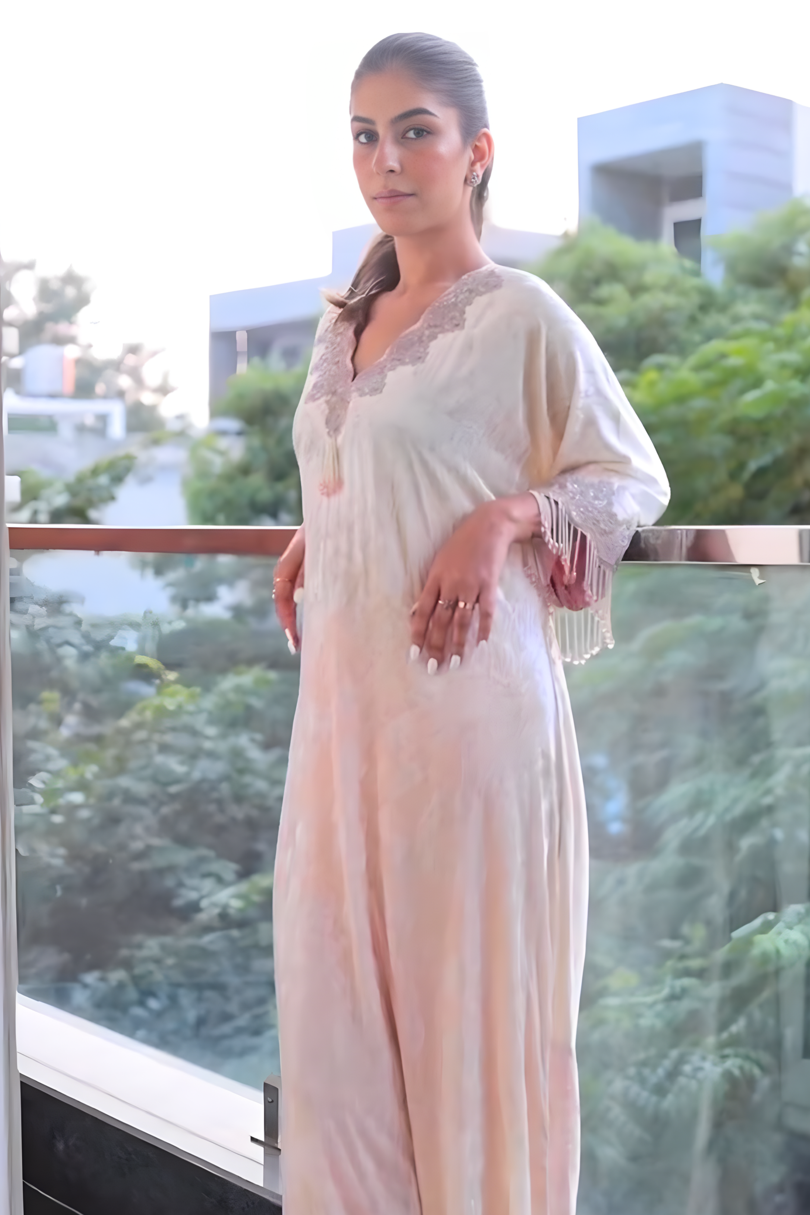 Rhea in Pearl white velvet long kurta & pink salwar