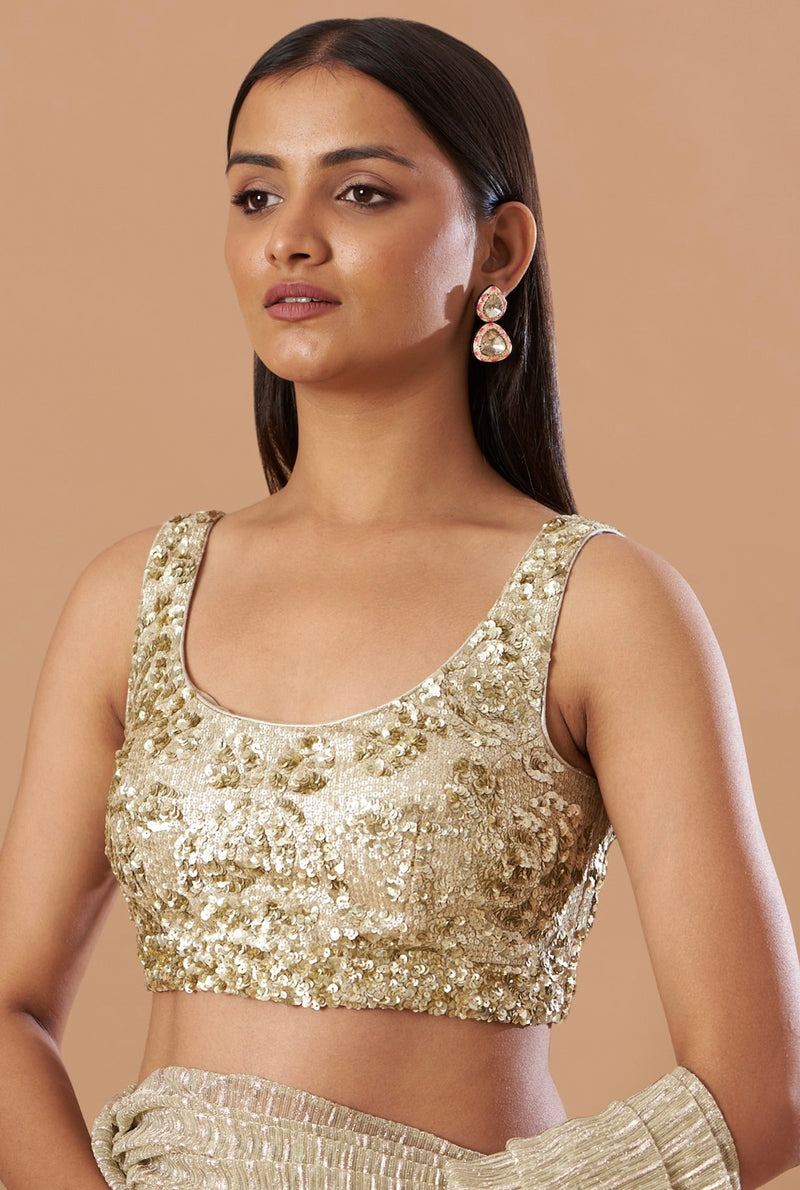 Gold pleated pre-draped saree with embroidered blouse