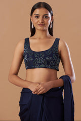Berry blue pre-draped stitched saree set