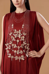 Barn red long hand embroidered kaftan dress