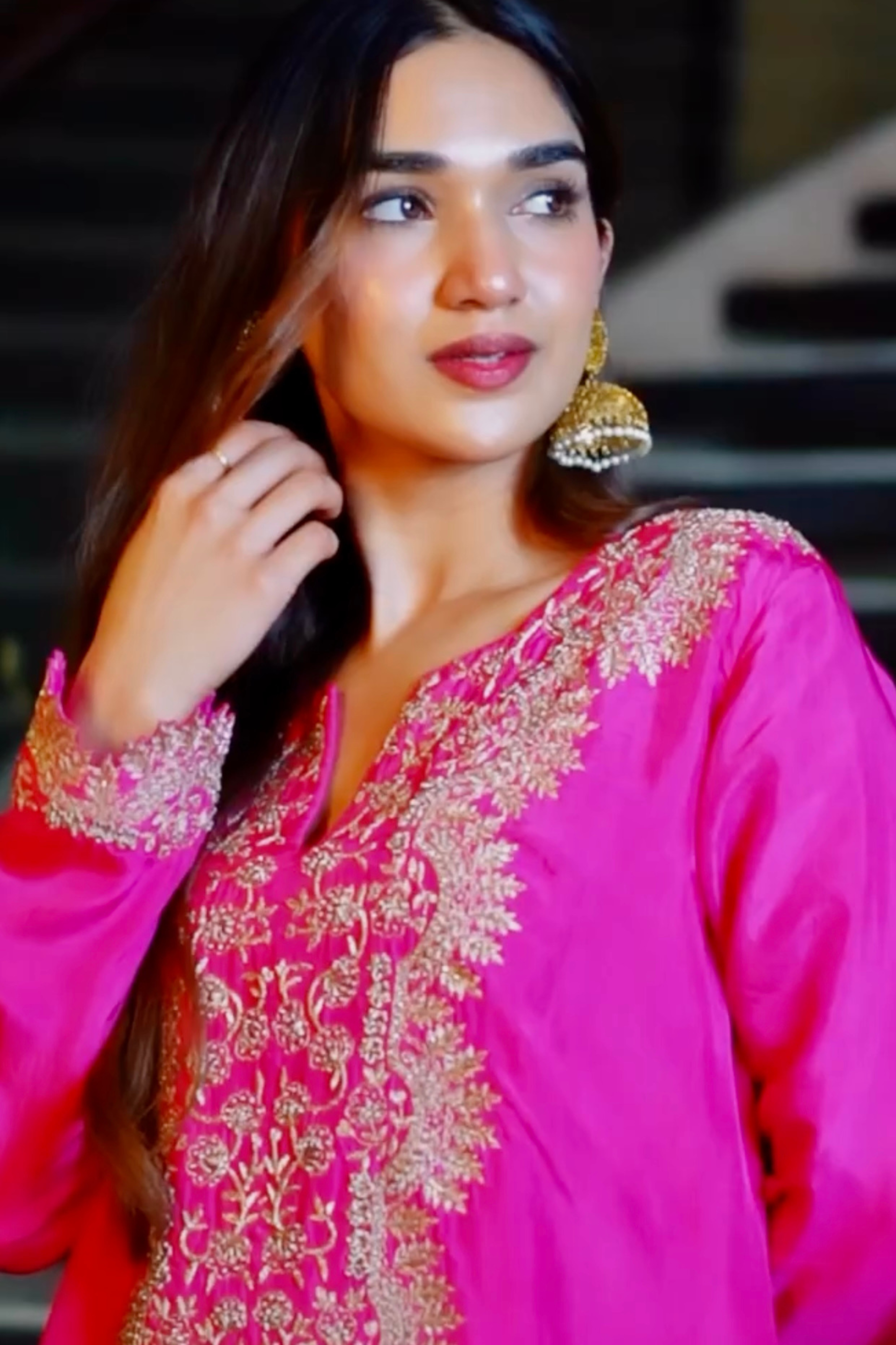 Fuchsia pink chnaderi silk cord set