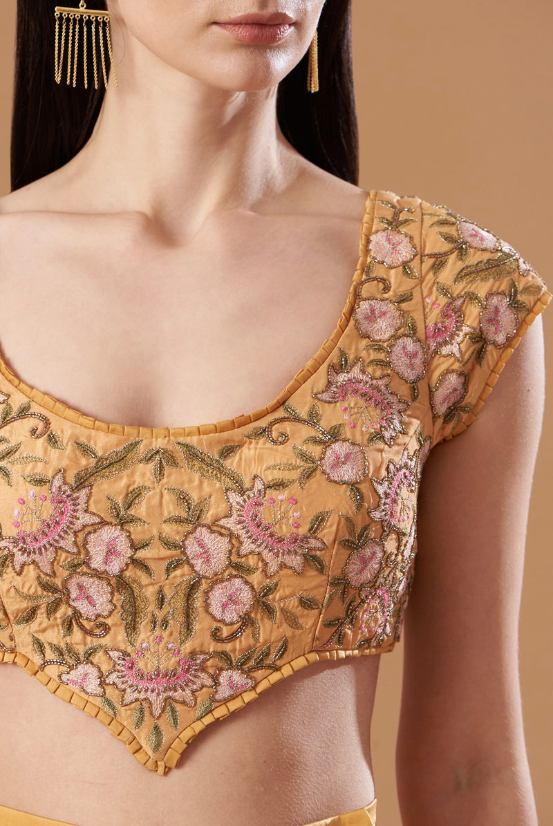Marigold orange embroidered blouse &draped skirt set