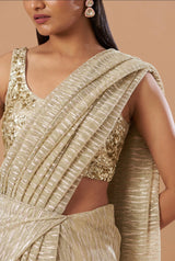 Gold pleated pre-draped saree with embroidered blouse