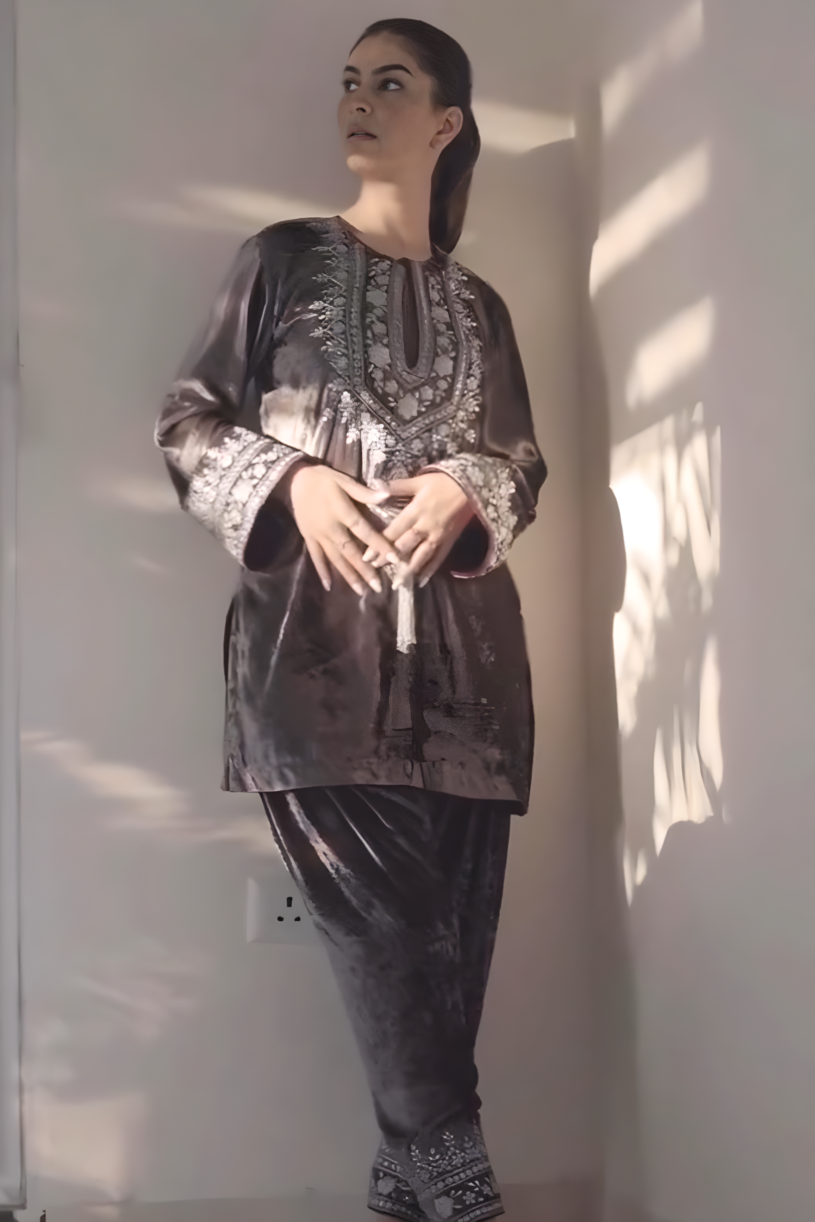 Rhea in Ash grey embroidered velvet kurta set