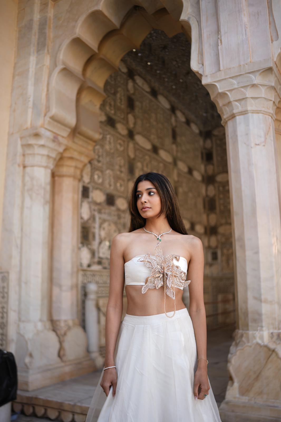 KHUSHI JAIN in Shell White Floral Motifs Lehenga