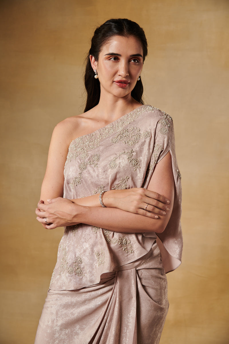 Blush drape skirt & bustier with one shoulder cape