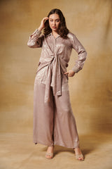 Blush colour foil texture co-ord set with wide leg pants