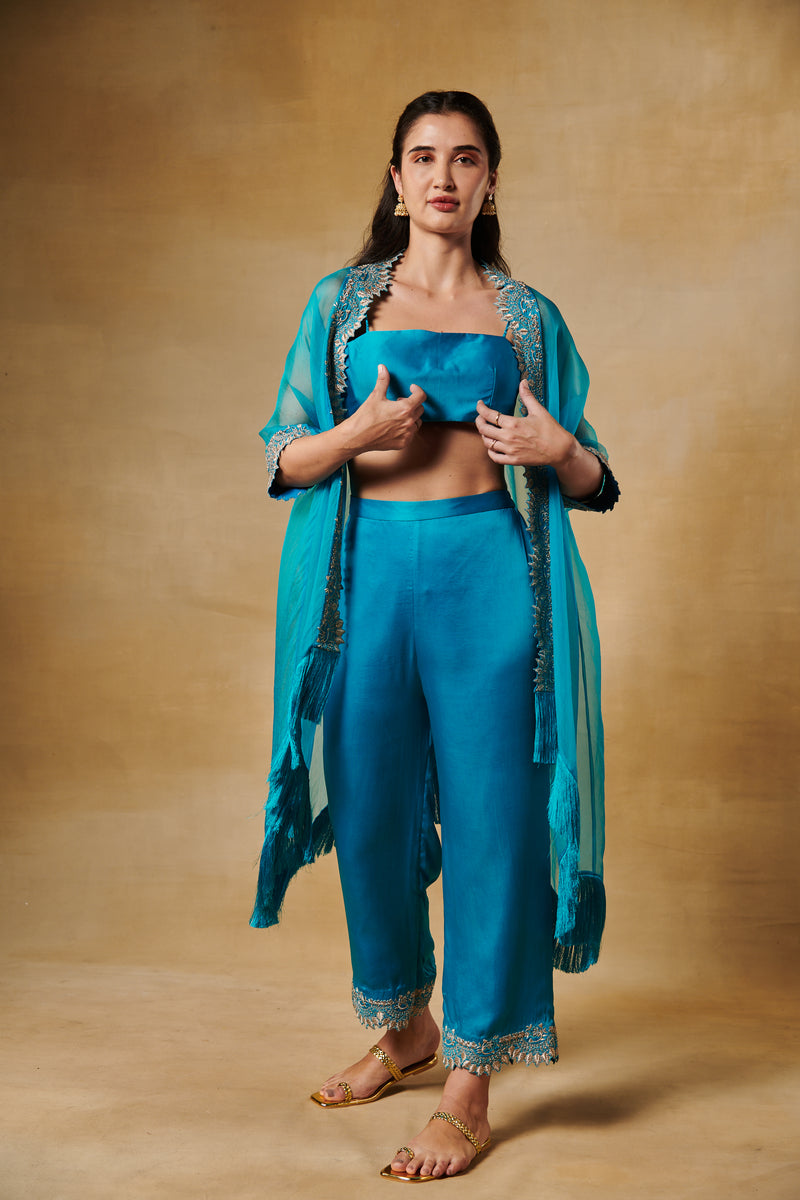 Turquoise blue 3 pcs set with organza cape with plain bustier & straight hi-waisted pants