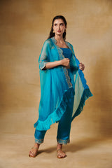 Turquoise blue 3 pcs set with organza cape with plain bustier & straight hi-waisted pants