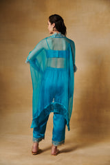 Turquoise blue 3 pcs set with organza cape with plain bustier & straight hi-waisted pants