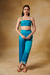 Turquoise blue 3 pcs set with organza cape with plain bustier & straight hi-waisted pants