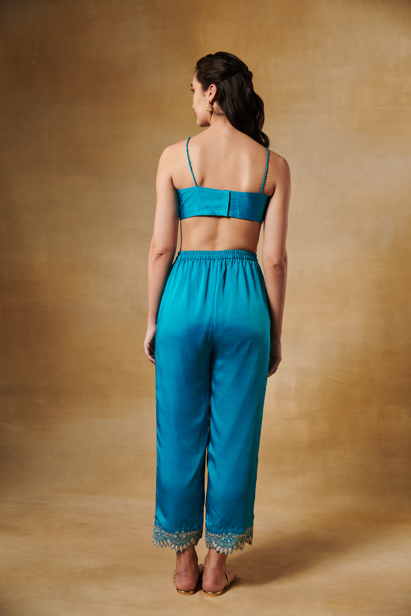 Turquoise blue 3 pcs set with organza cape with plain bustier & straight hi-waisted pants