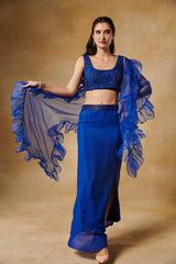 Electric blue beaded blouse with slit skirt & ruffle stole