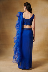 Electric blue beaded blouse with slit skirt & ruffle stole
