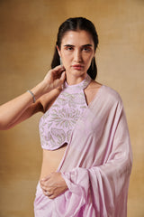 Blush lavender ruffle saree with haulter beaded blouse
