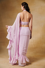 Blush lavender ruffle saree with haulter beaded blouse