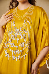 Mustard yellow 3D floral pearls & zari embroidery kaftaan