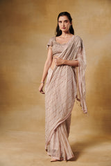 Champagne beige blush pre draped saree with heavy embroidery sequence blouse