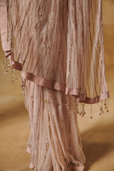 Champagne beige blush pre draped saree with heavy embroidery sequence blouse