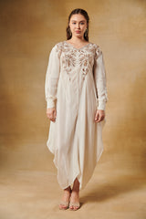 Ivory drape long tunic with gold floral motifs