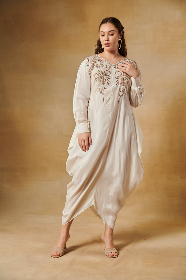 Ivory drape long tunic with gold floral motifs