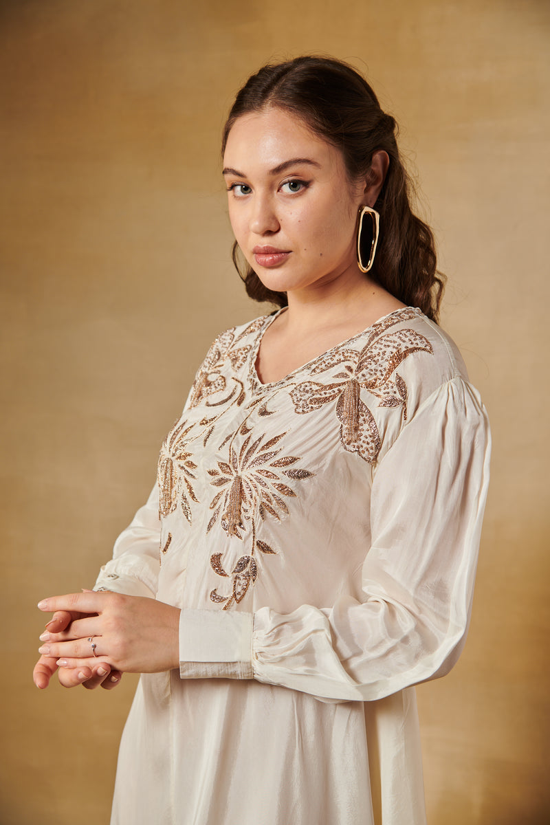 Ivory drape long tunic with gold floral motifs