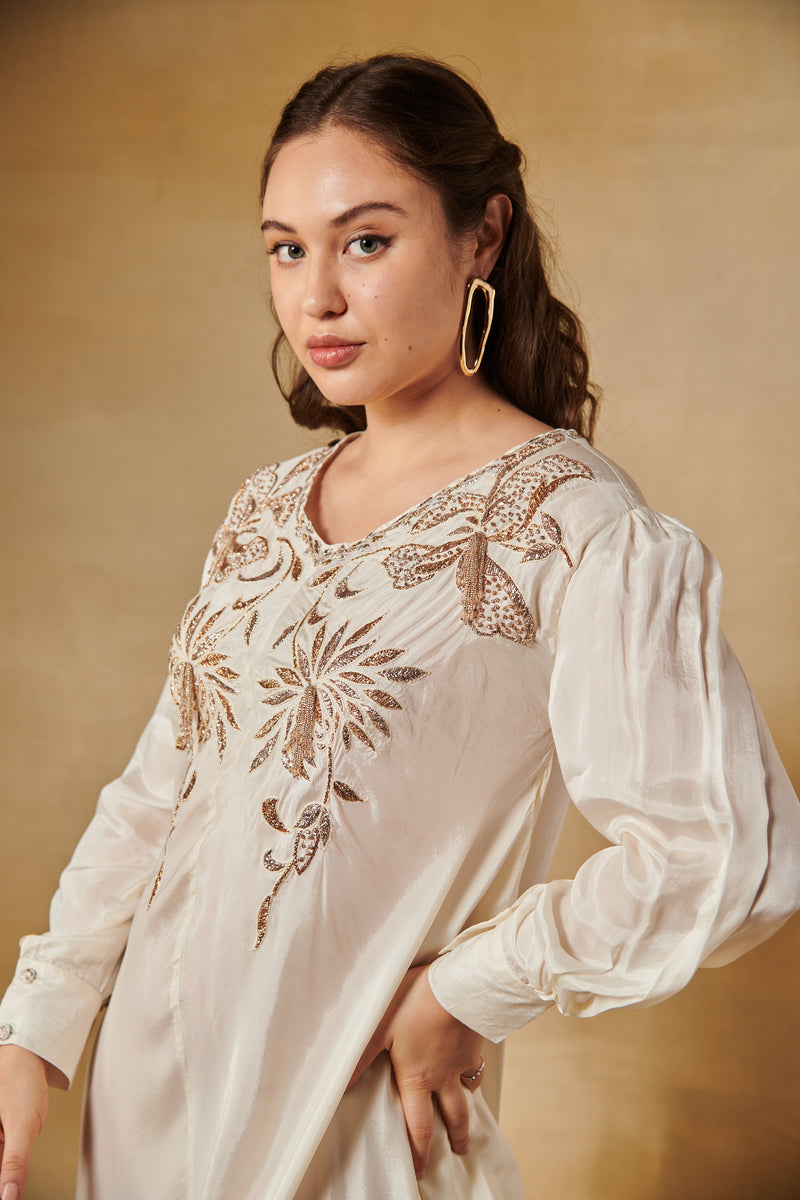 Ivory drape long tunic with gold floral motifs