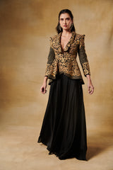 Midnight black peplum antique gold jacket with flared georgette sharara pants.