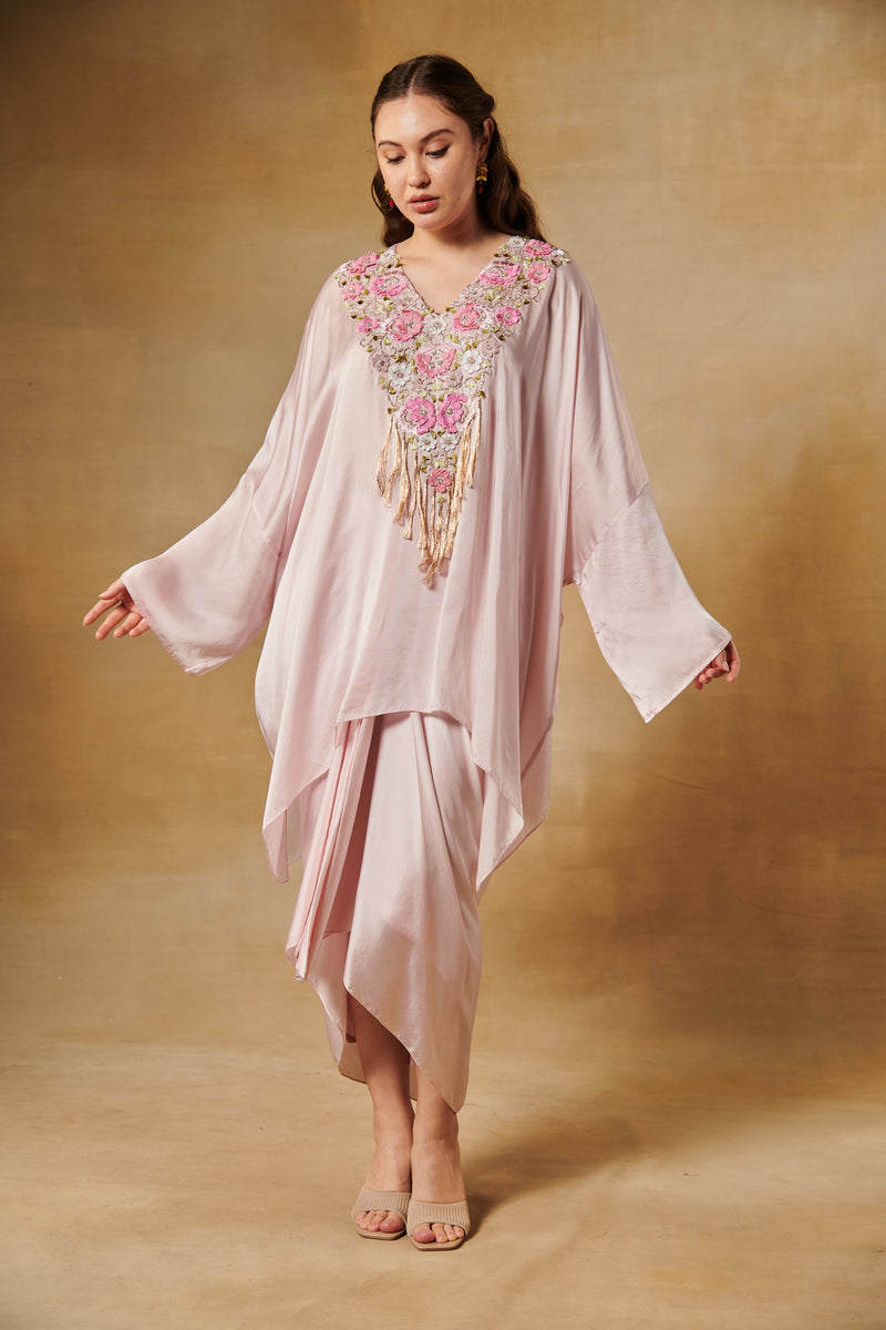 Nude pink kimono co-ord set with drape skirt