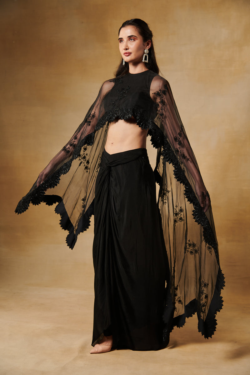 Midnight black thread and bead work cape blouse with drape skirt