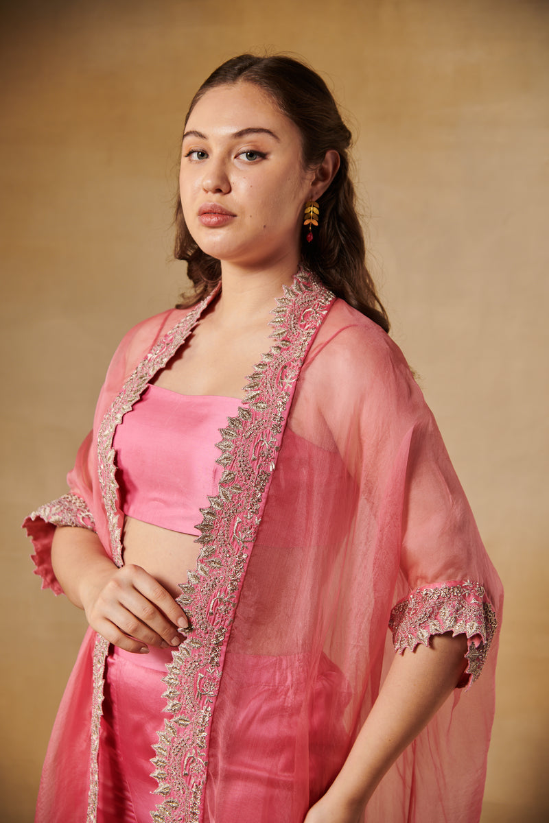 Peach pink co-ord set with cutdana & dabka embroidery with straight pants