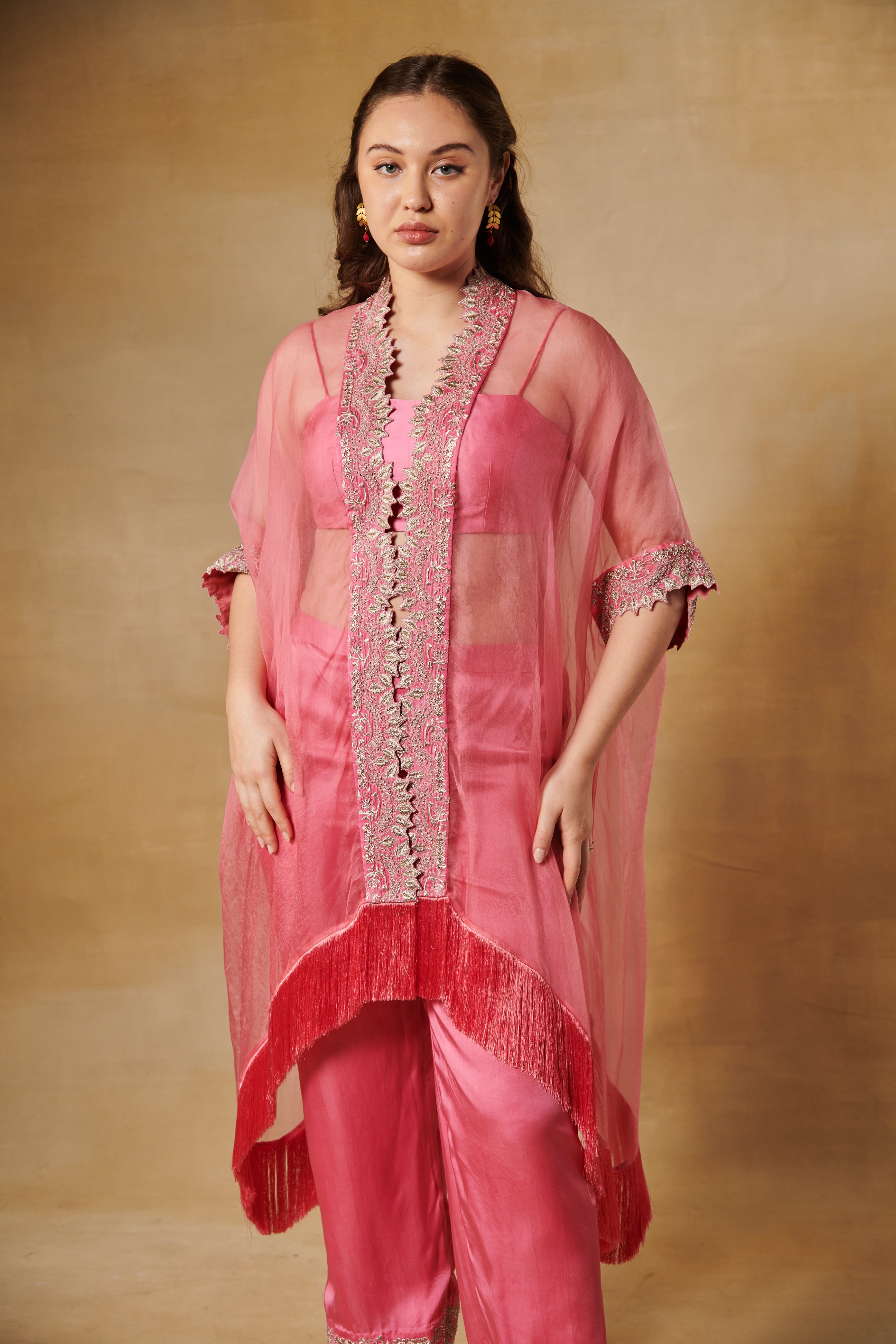 Peach pink 3 pcs set with organza cape with plain bustier & staright hi waisted pants
