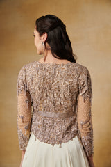 Champagne nude 3D floral short jacket with flared georgette lehenga skirt