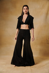 Midnight black 3pcs set with crop tassel jacket paired with black wide leg pants