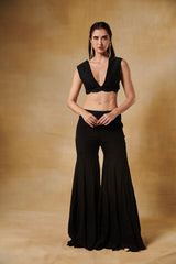Midnight black 3pcs set with crop tassel jacket paired with black wide leg pants