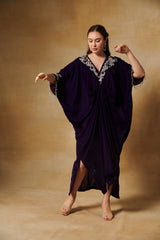 Deep wine velvet kaftan with beaded embroidery.