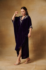 Deep wine velvet kaftan with beaded embroidery.