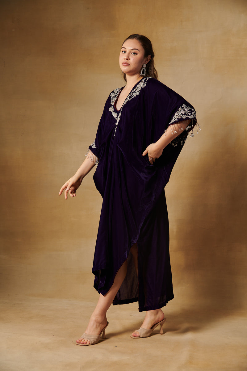 Deep wine velvet kaftan with beaded embroidery.