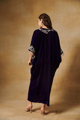 Deep wine velvet kaftan with beaded embroidery.