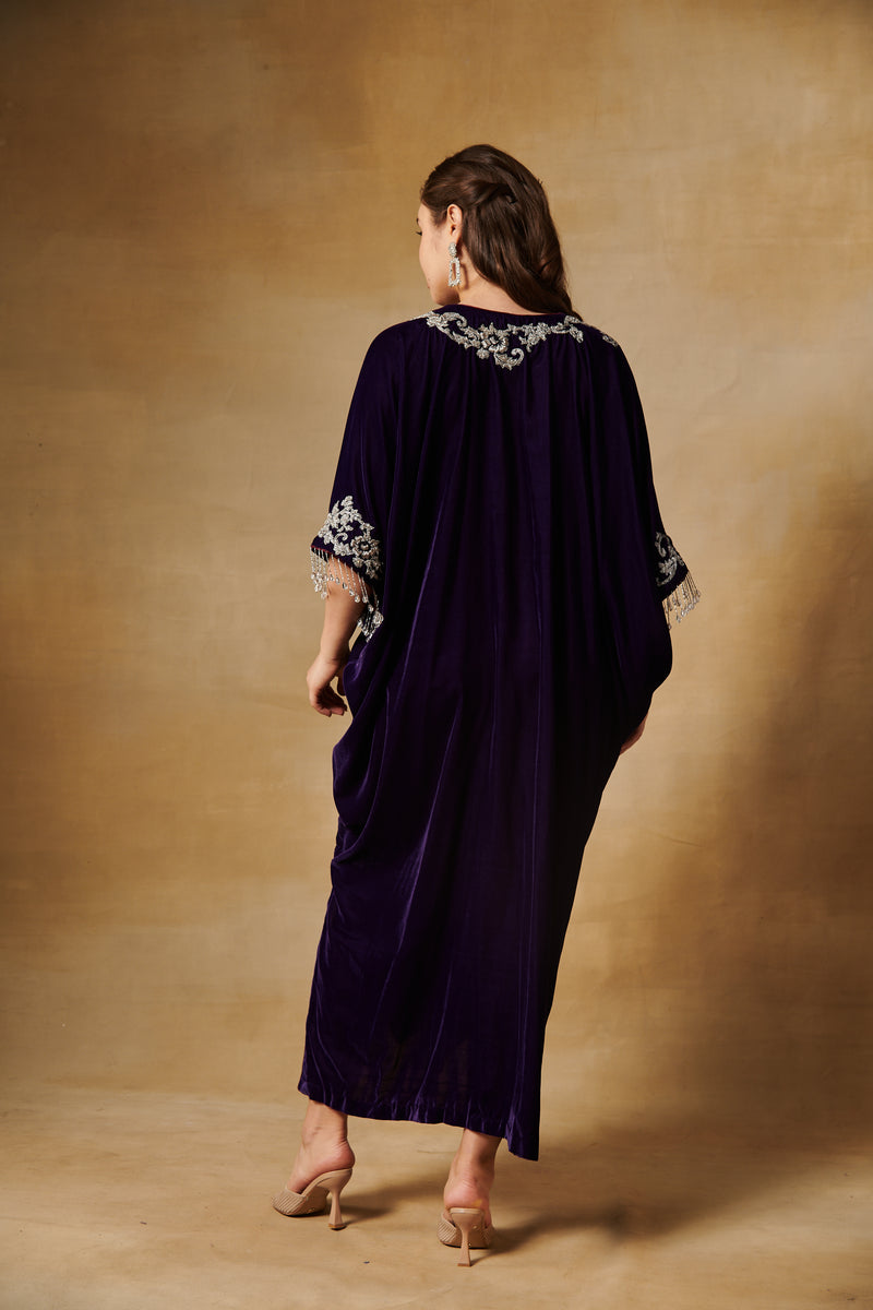 Deep wine velvet kaftan with beaded embroidery.