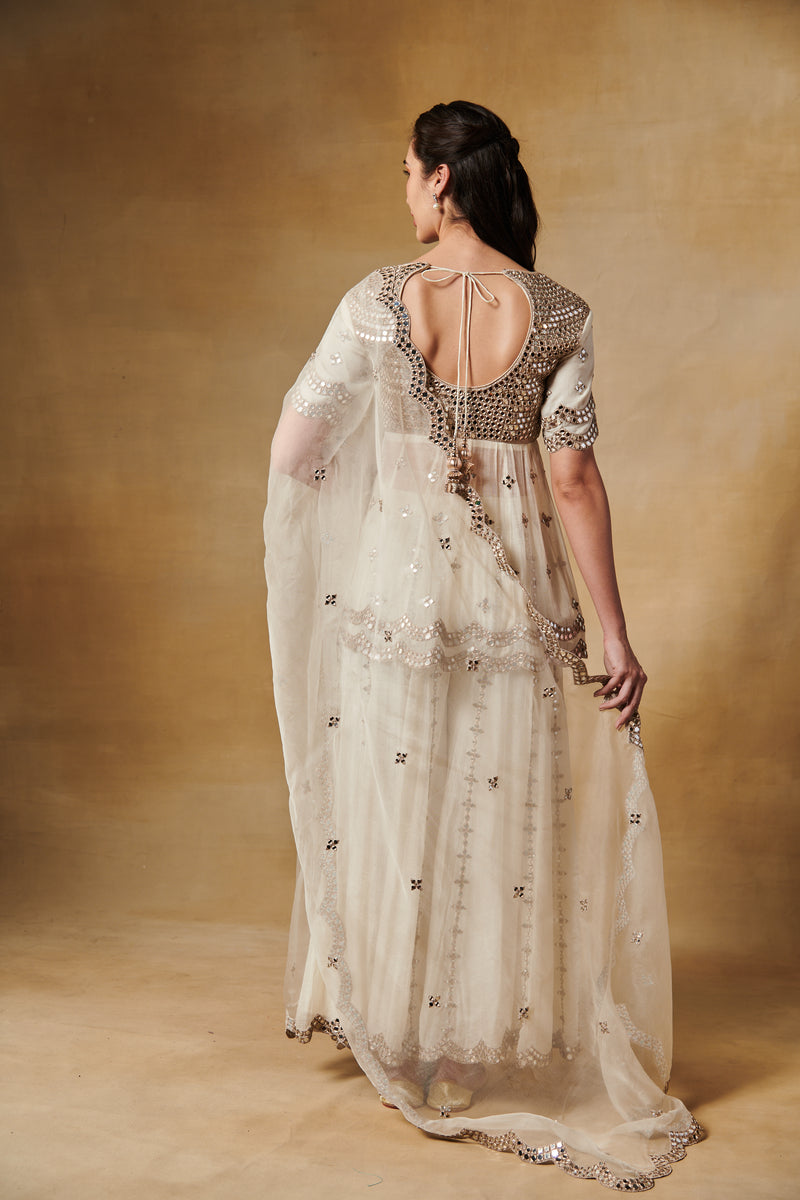 Ivory white mirror work peplum kurta with sharara and dupata