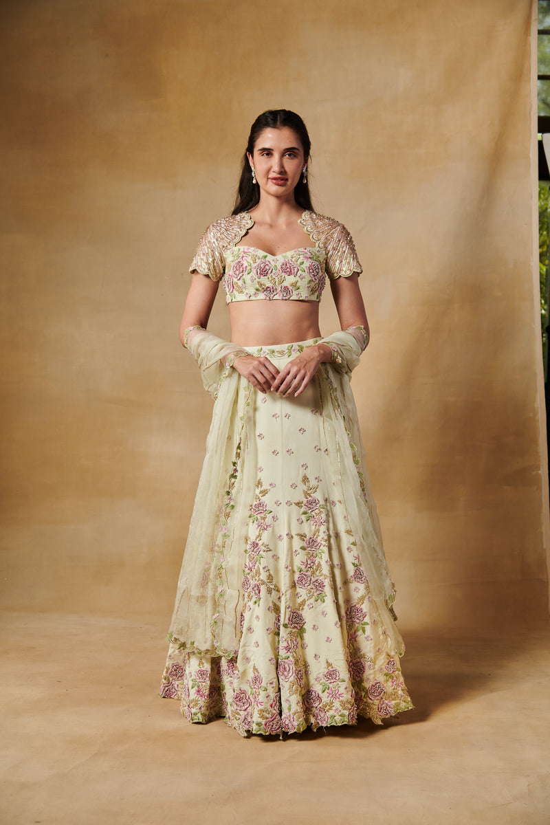 Mint green lehenga set with 3D heavy embroidered floral motifs