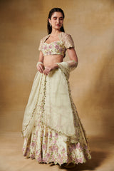 Mint green lehenga set with 3D heavy embroidered floral motifs