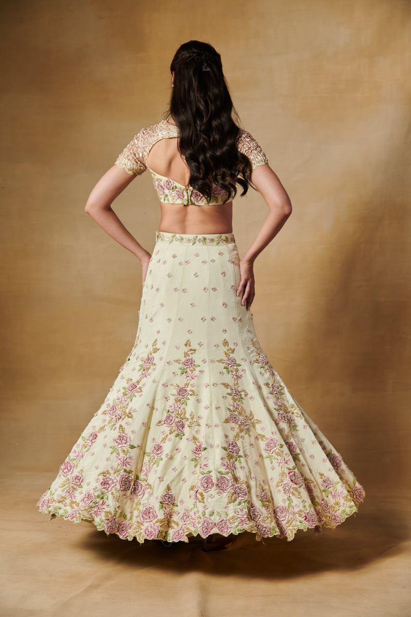 Mint green lehenga set with 3D heavy embroidered floral motifs