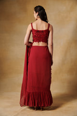 Barn red beaded blouse with ruffle pre draped saree