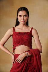 Barn red beaded blouse with ruffle pre draped saree