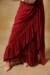 Barn red beaded blouse with ruffle pre draped saree