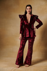 Deep maroon velvet cocktail pantsuit