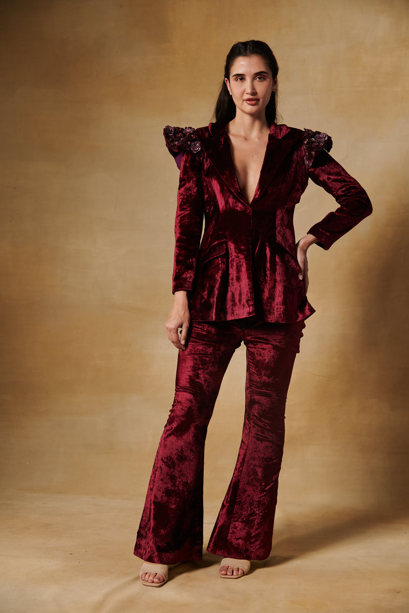 Deep maroon velvet cocktail pantsuit